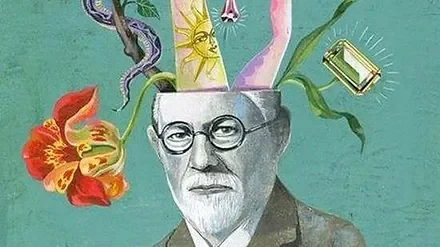 Une illustration de Sigmund Freud, le crâne ouvert d'où s'échappent des fleurs et des symboles.